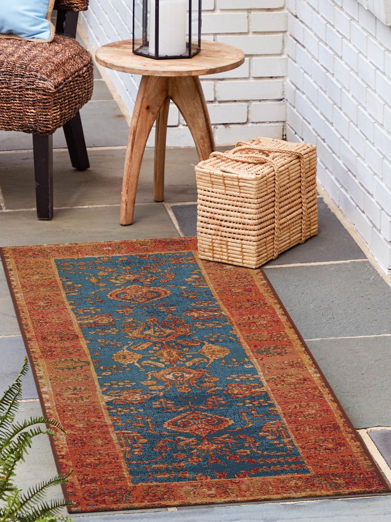Navy Blue 2' x 8' Outdoor Traditional Runner Area Rug Weather Resistant for Patio, Deck, Terrace, Balcony, Porch Classical Design Outside Carpet for Sale at Rug Engine