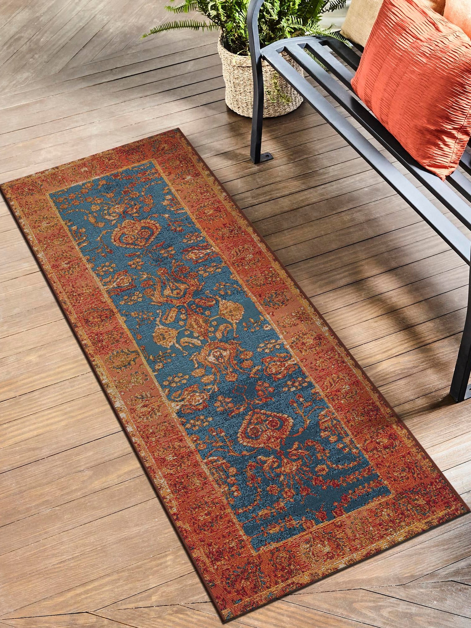 Navy Blue 2' x 5' 1 Outdoor Traditional Runner Area Rug Weather Resistant for Patio, Deck, Terrace, Balcony, Porch Classical Design Outside Carpet for Sale at Rug Engine