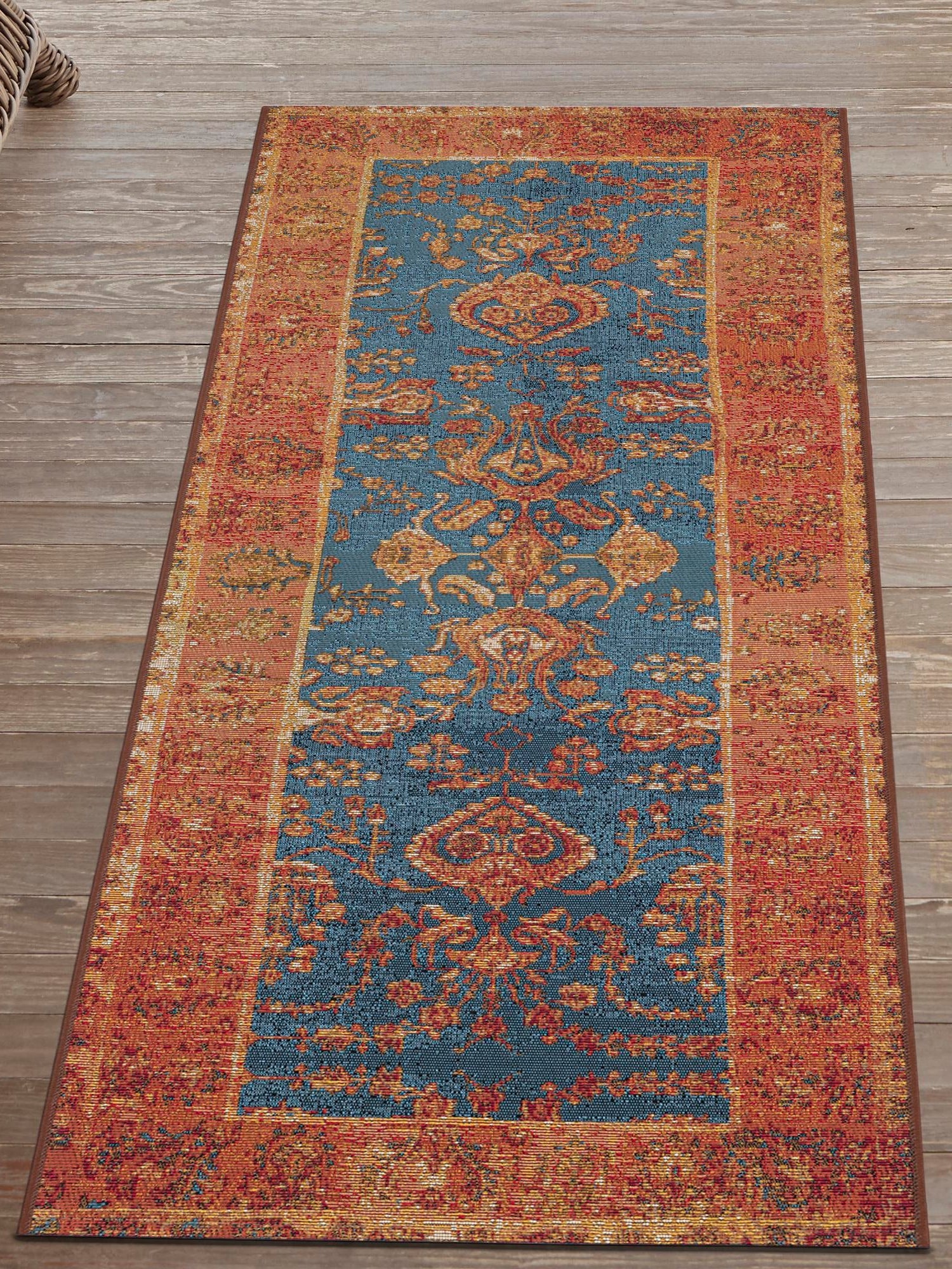 Navy Blue 2' 7 x 10' Outdoor Traditional Runner Area Rug Weather Resistant for Patio, Deck, Terrace, Balcony, Porch Classical Design Outside Carpet for Sale at Rug Engine