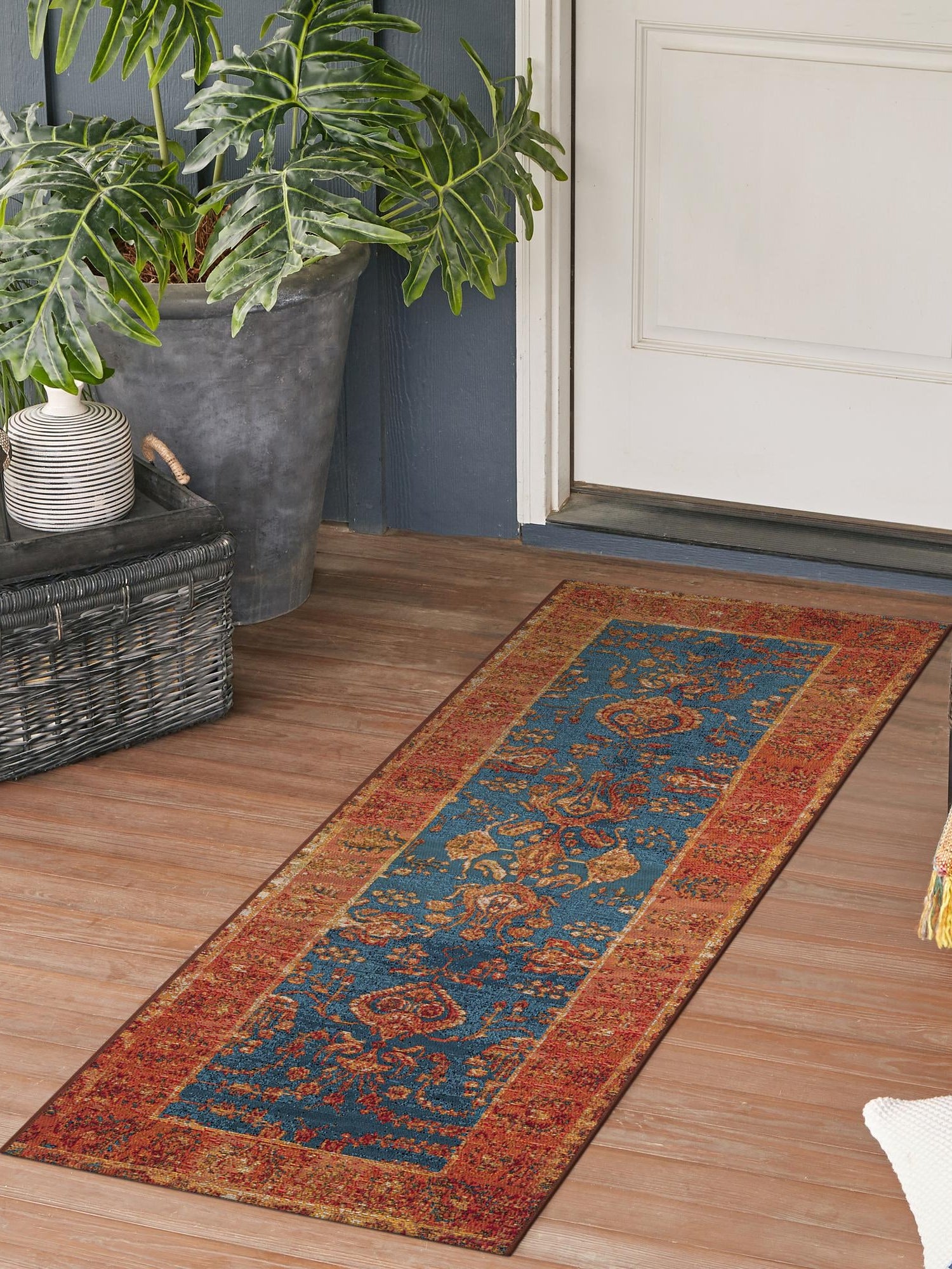 Navy Blue 2' 7 x 10' Outdoor Traditional Runner Area Rug Weather Resistant for Patio, Deck, Terrace, Balcony, Porch Classical Design Outside Carpet for Sale at Rug Engine