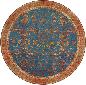 Navy Blue 7' 10 x 7' 10 Outdoor Traditional Round Area Rug Weather Resistant for Patio, Deck, Terrace, Balcony, Porch Classical Design Outside Carpet for Sale at Rug Engine