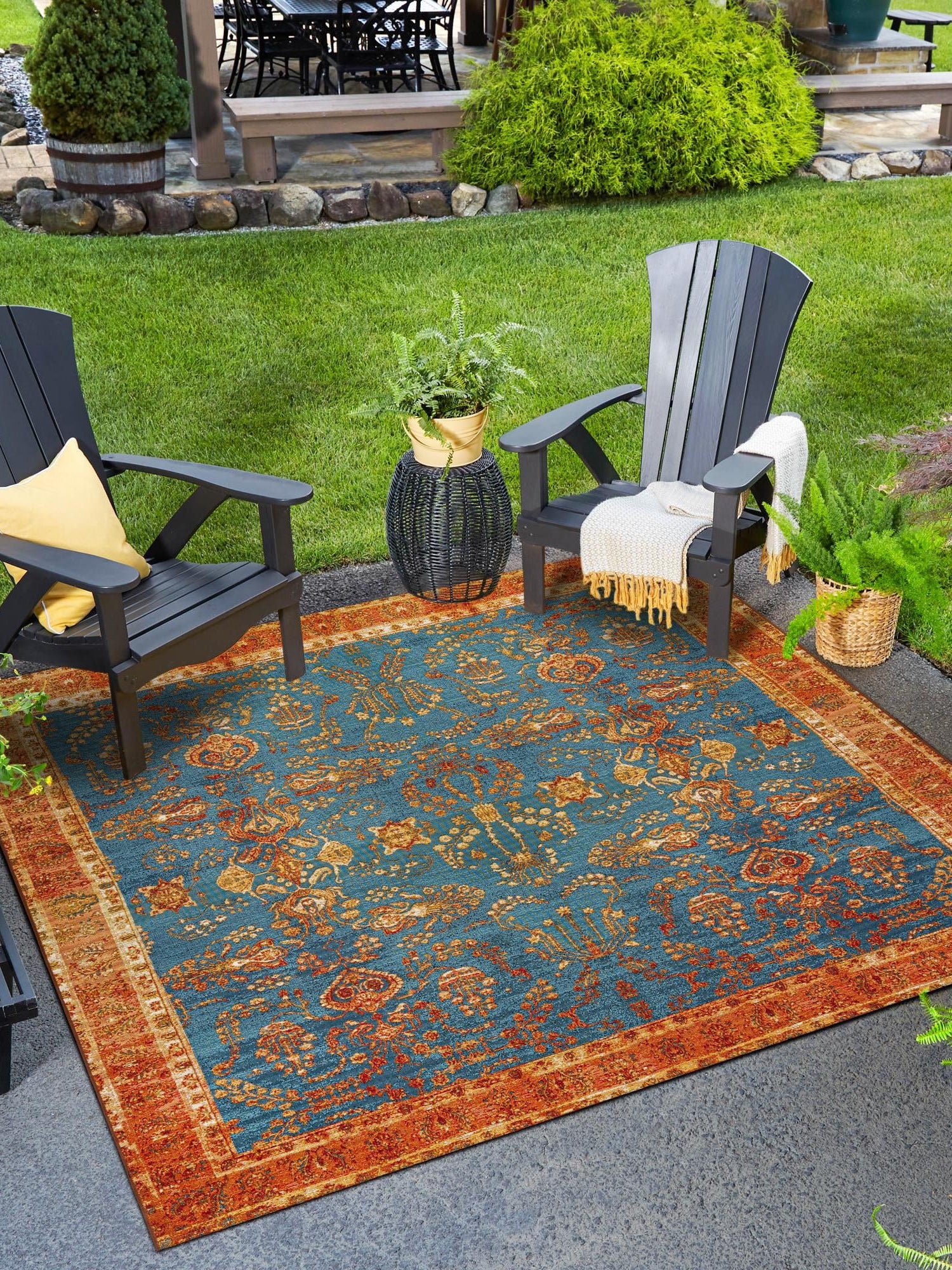 Navy Blue 10' x 10' Outdoor Traditional Square Area Rug Weather Resistant for Patio, Deck, Terrace, Balcony, Porch Classical Design Outside Carpet for Sale at Rug Engine