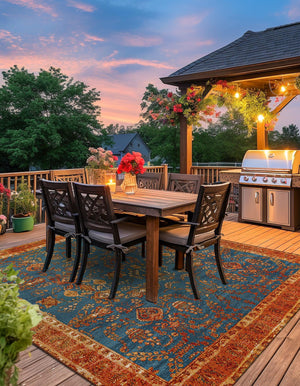 Navy Blue 7' 10 x 7' 10 Outdoor Traditional Square Area Rug Weather Resistant for Patio, Deck, Terrace, Balcony, Porch