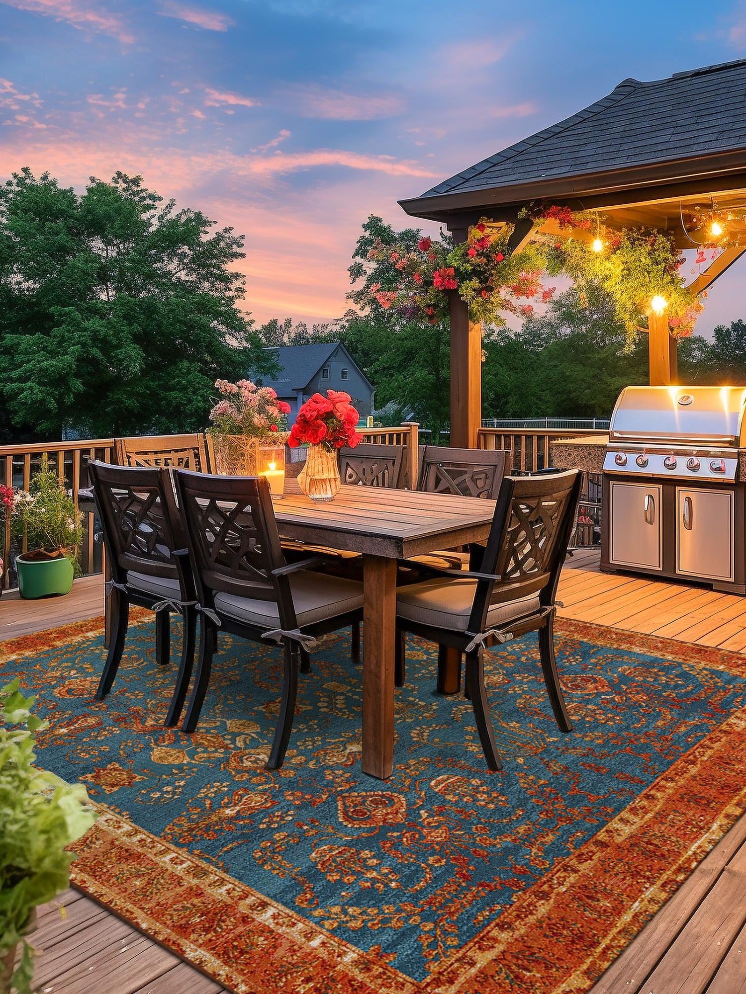 Navy Blue 10' x 10' Outdoor Traditional Square Area Rug Weather Resistant for Patio, Deck, Terrace, Balcony, Porch Classical Design Outside Carpet for Sale at Rug Engine