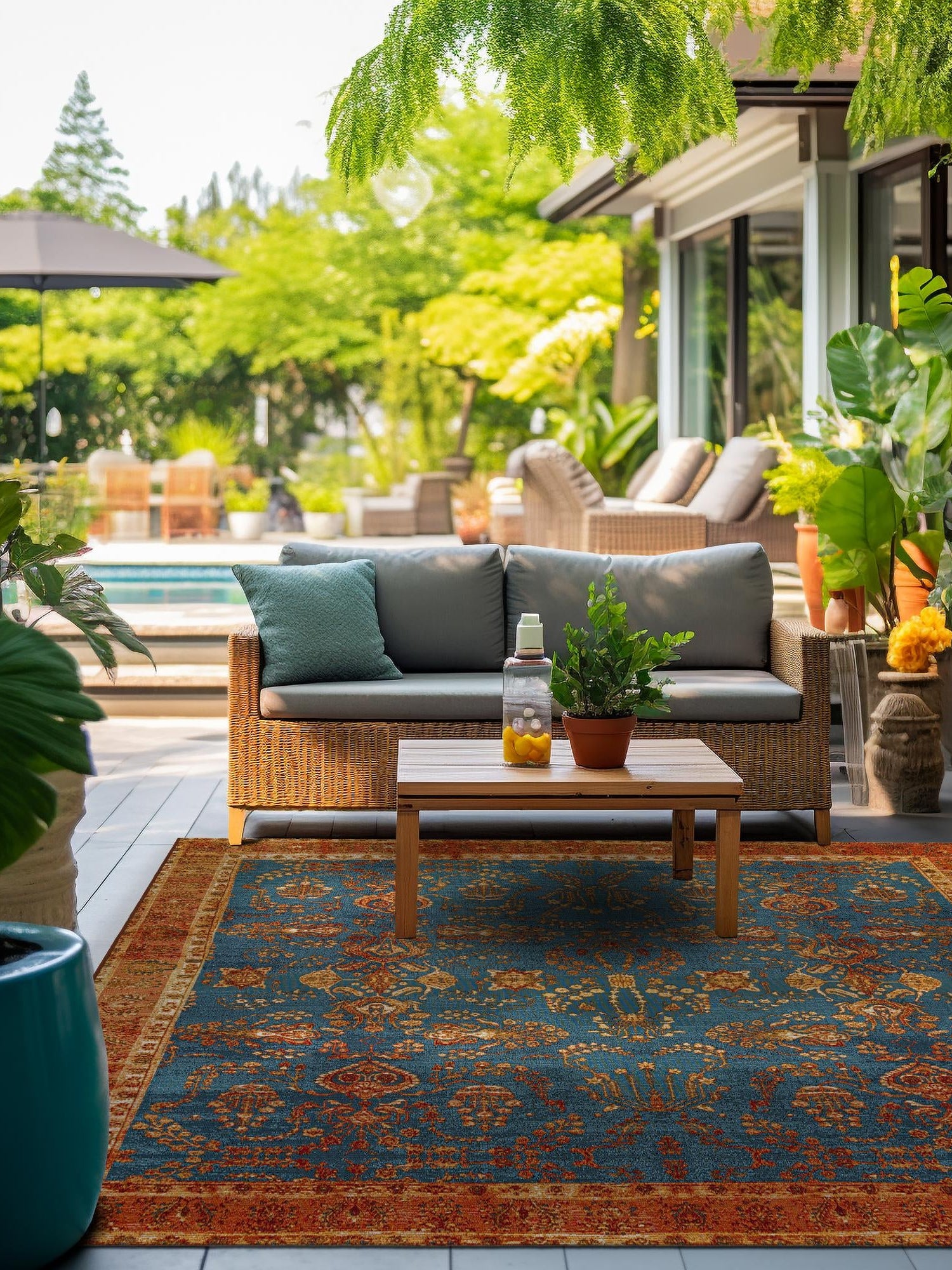 Navy Blue 10' x 10' Outdoor Traditional Square Area Rug Weather Resistant for Patio, Deck, Terrace, Balcony, Porch Classical Design Outside Carpet for Sale at Rug Engine