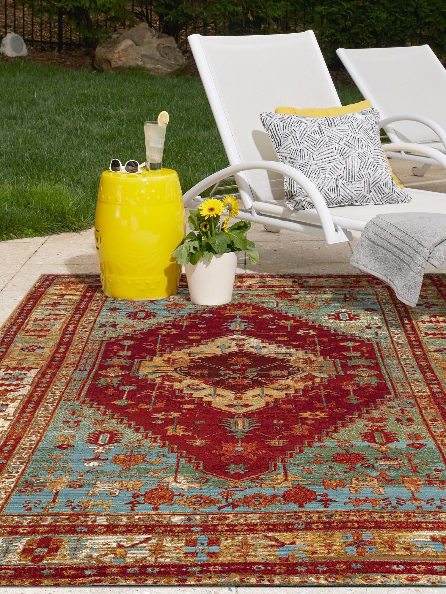 Red Green Blue 7' 10 x 10' Outdoor Traditional Rectangle Area Rug Weather Resistant for Patio, Deck, Terrace, Balcony, Porch Classical Design Outside Carpet for Sale at Rug Engine