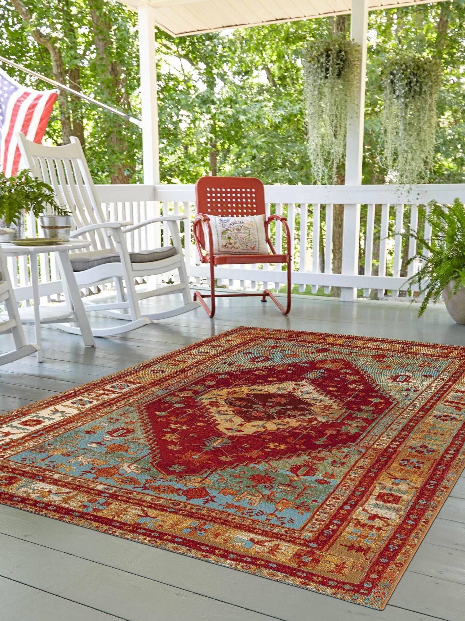 Red Green Blue 9' x 12' Outdoor Traditional Rectangle Area Rug Weather Resistant for Patio, Deck, Terrace, Balcony, Porch Classical Design Outside Carpet for Sale at Rug Engine