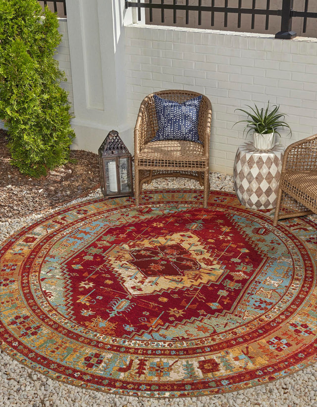 Red Green Blue 10' x 10' Outdoor Traditional Round Area Rug Weather Resistant for Patio, Deck, Terrace, Balcony, Porch Classical Design Outside Carpet for Sale at Rug Engine