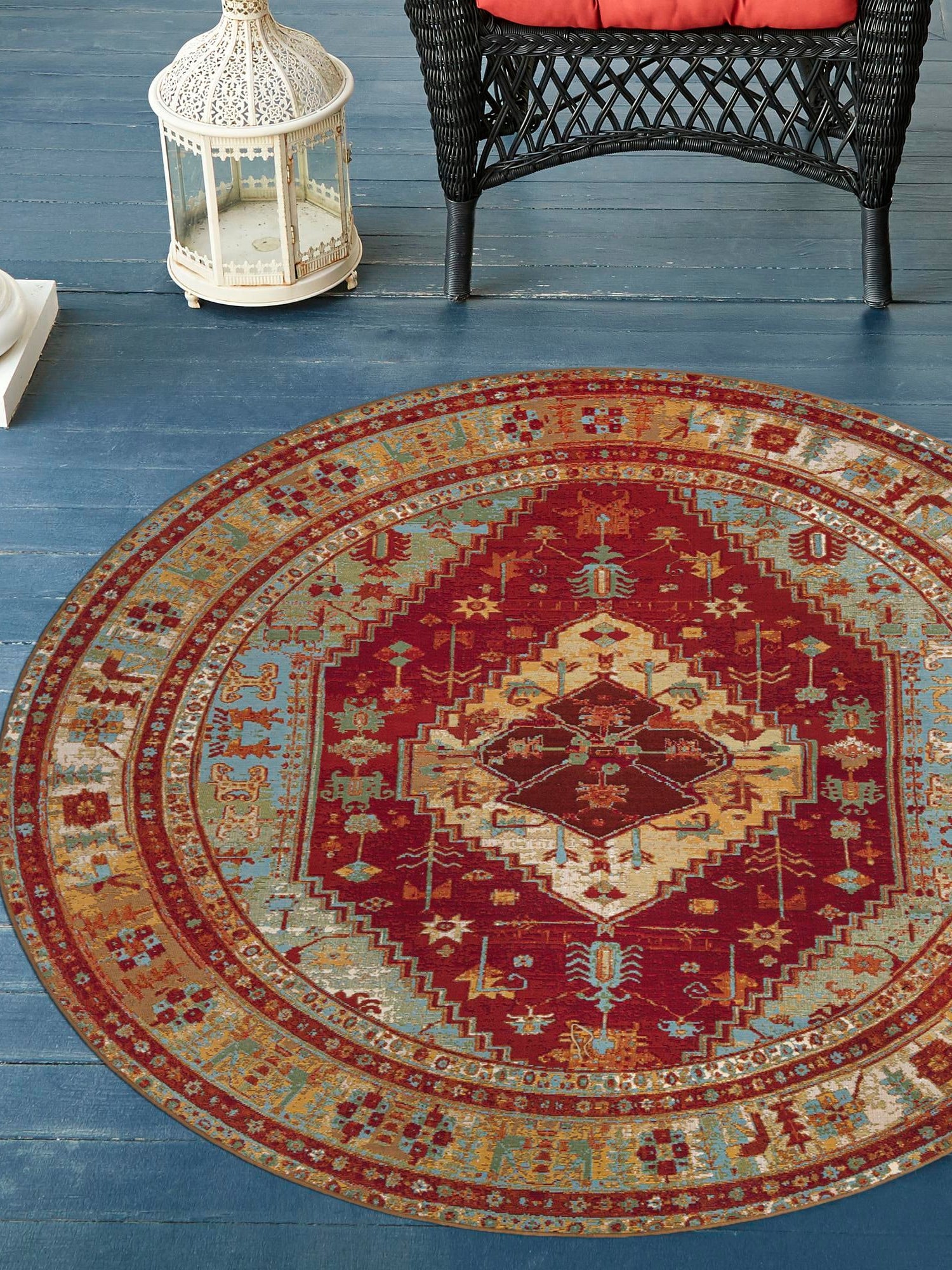 Red Green Blue 3' 1 x 3' 1 Outdoor Traditional Round Area Rug Weather Resistant for Patio, Deck, Terrace, Balcony, Porch Classical Design Outside Carpet for Sale at Rug Engine
