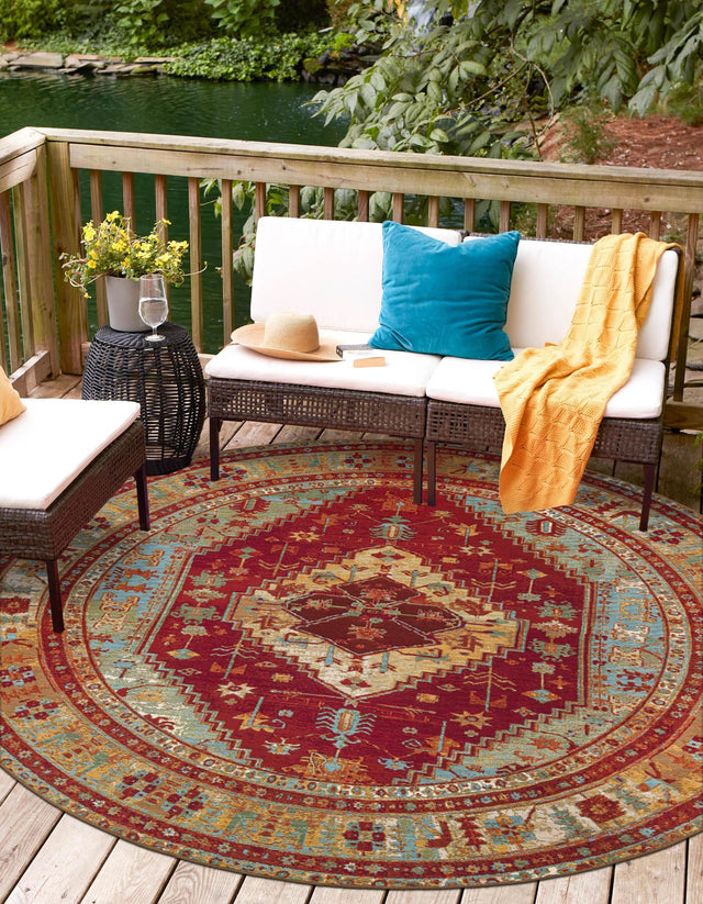 Red Green Blue 3' 1 x 3' 1 Outdoor Traditional Round Area Rug Weather Resistant for Patio, Deck, Terrace, Balcony, Porch Classical Design Outside Carpet for Sale at Rug Engine