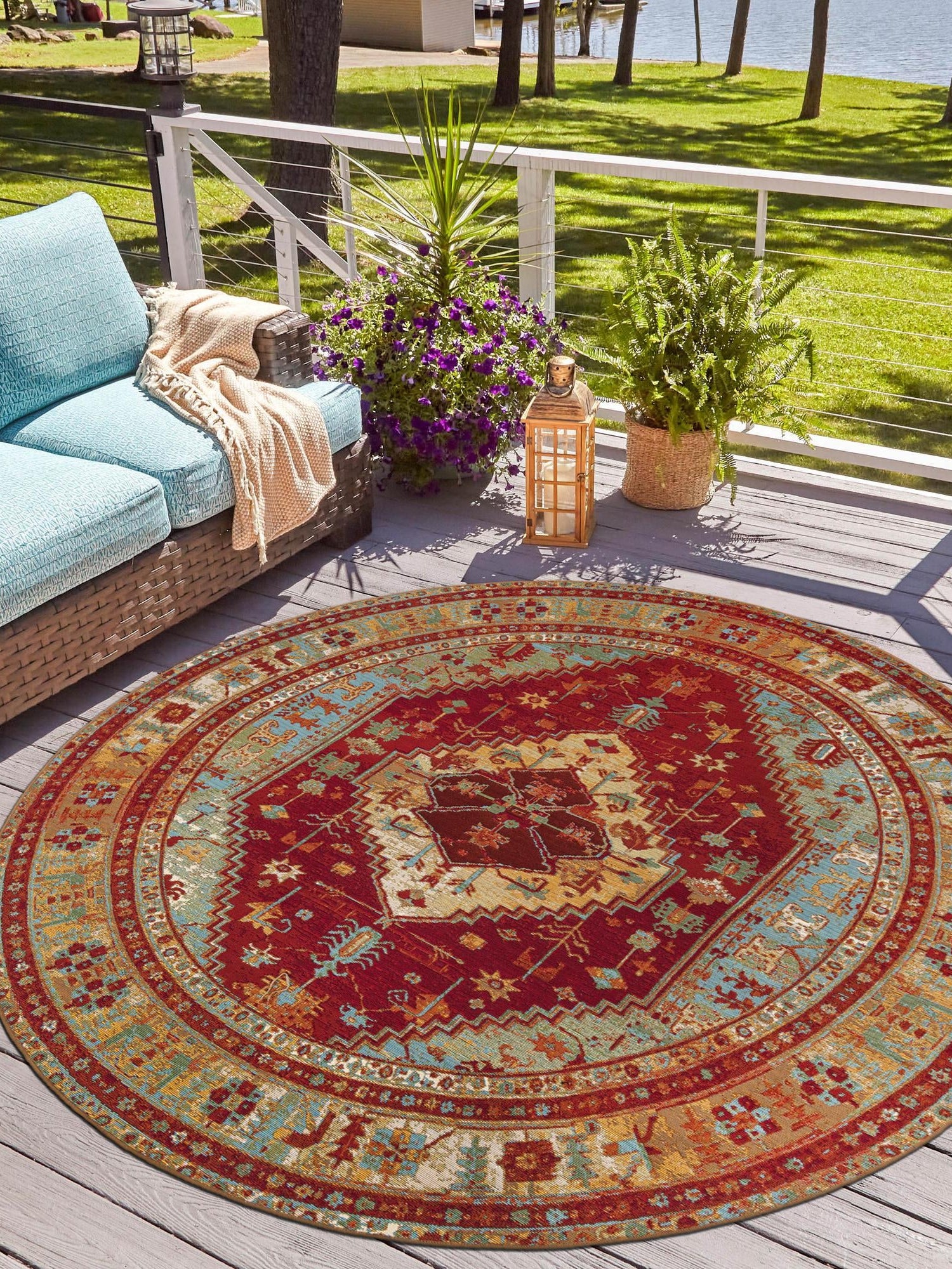 Red Green Blue 3' 1 x 3' 1 Outdoor Traditional Round Area Rug Weather Resistant for Patio, Deck, Terrace, Balcony, Porch Classical Design Outside Carpet for Sale at Rug Engine
