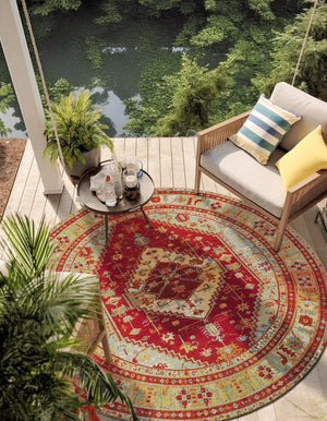 Red Green Blue 4' 1 x 4' 1 Outdoor Traditional Round Area Rug Weather Resistant for Patio, Deck, Terrace, Balcony, Porch Classical Design Outside Carpet for Sale at Rug Engine