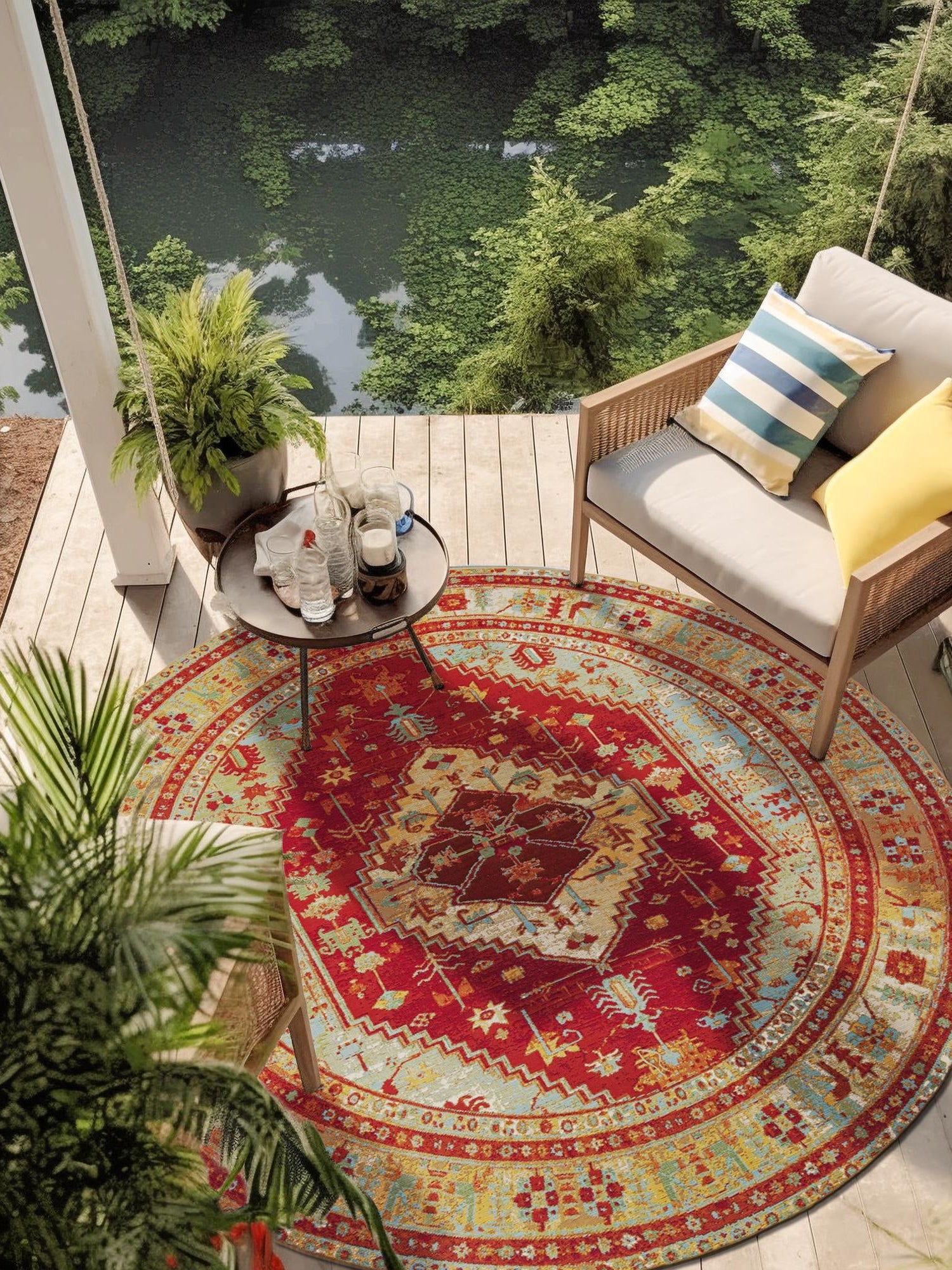 Red Green Blue 3' 1 x 3' 1 Outdoor Traditional Round Area Rug Weather Resistant for Patio, Deck, Terrace, Balcony, Porch Classical Design Outside Carpet for Sale at Rug Engine