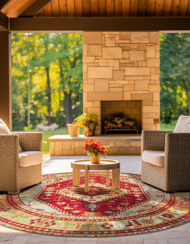 Red Green Blue 6' 1 x 6' 1 Outdoor Traditional Round Area Rug Weather Resistant for Patio, Deck, Terrace, Balcony, Porch Classical Design Outside Carpet for Sale at Rug Engine