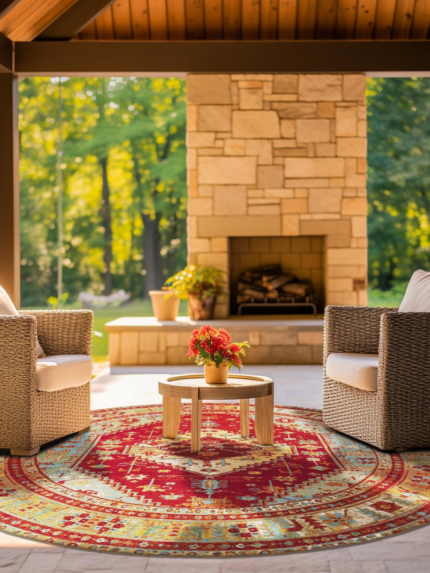 Red Green Blue 4' 1 x 4' 1 Outdoor Traditional Round Area Rug Weather Resistant for Patio, Deck, Terrace, Balcony, Porch Classical Design Outside Carpet for Sale at Rug Engine