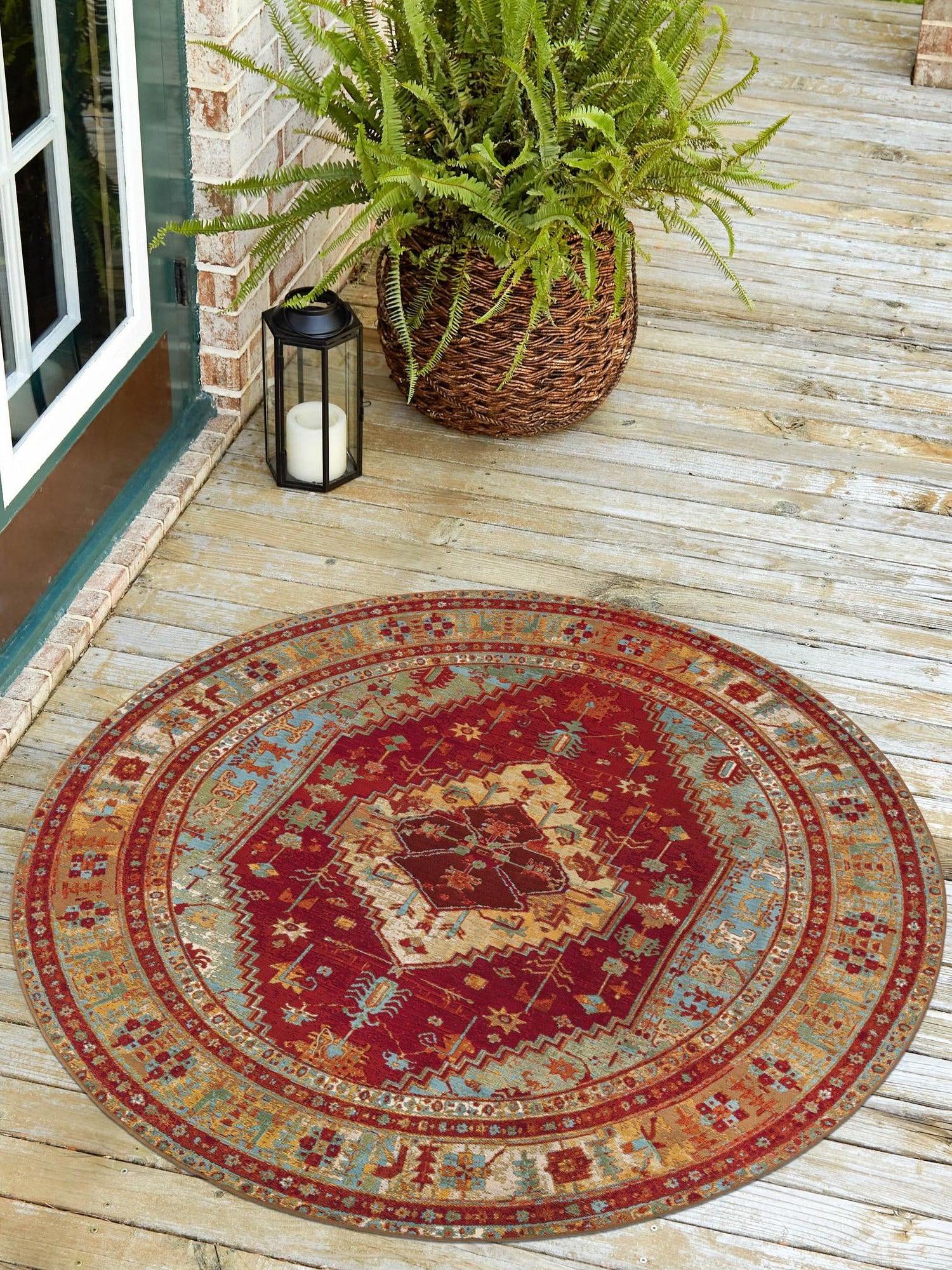 Red Green Blue 3' 1 x 3' 1 Outdoor Traditional Round Area Rug Weather Resistant for Patio, Deck, Terrace, Balcony, Porch Classical Design Outside Carpet for Sale at Rug Engine