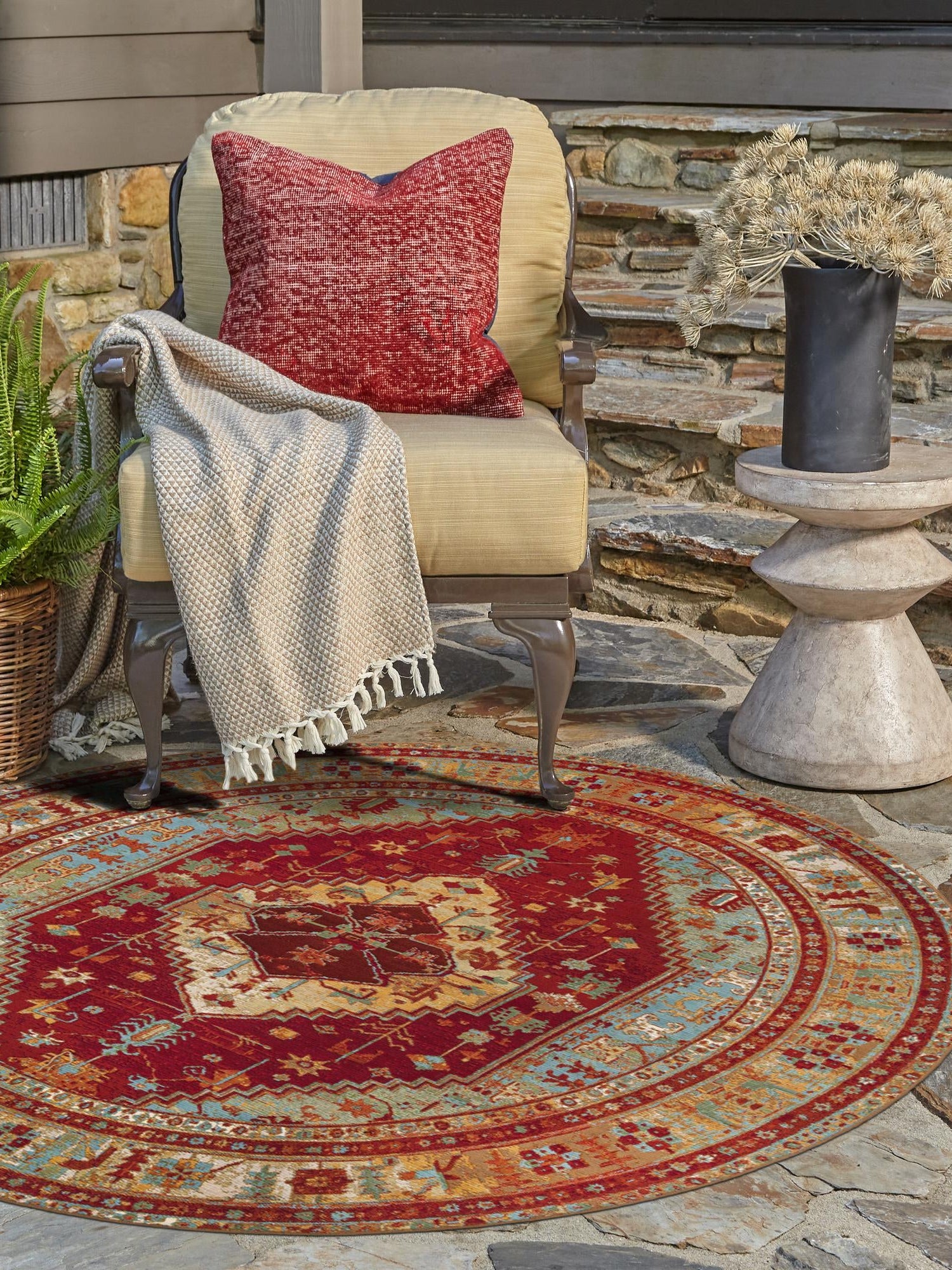 Red Green Blue 3' 1 x 3' 1 Outdoor Traditional Round Area Rug Weather Resistant for Patio, Deck, Terrace, Balcony, Porch Classical Design Outside Carpet for Sale at Rug Engine