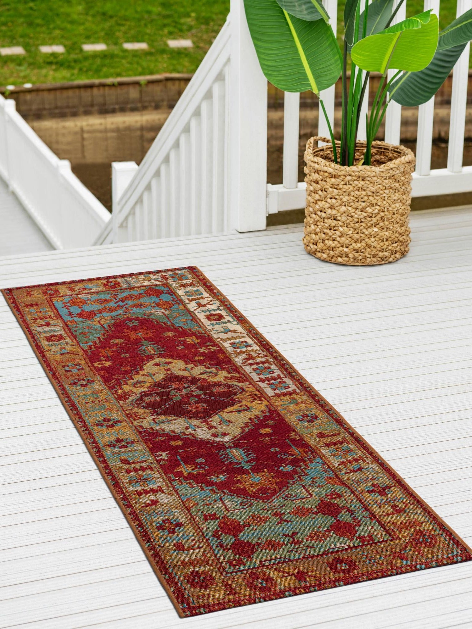Red Green Blue 2' x 8' Outdoor Traditional Runner Area Rug Weather Resistant for Patio, Deck, Terrace, Balcony, Porch Classical Design Outside Carpet for Sale at Rug Engine