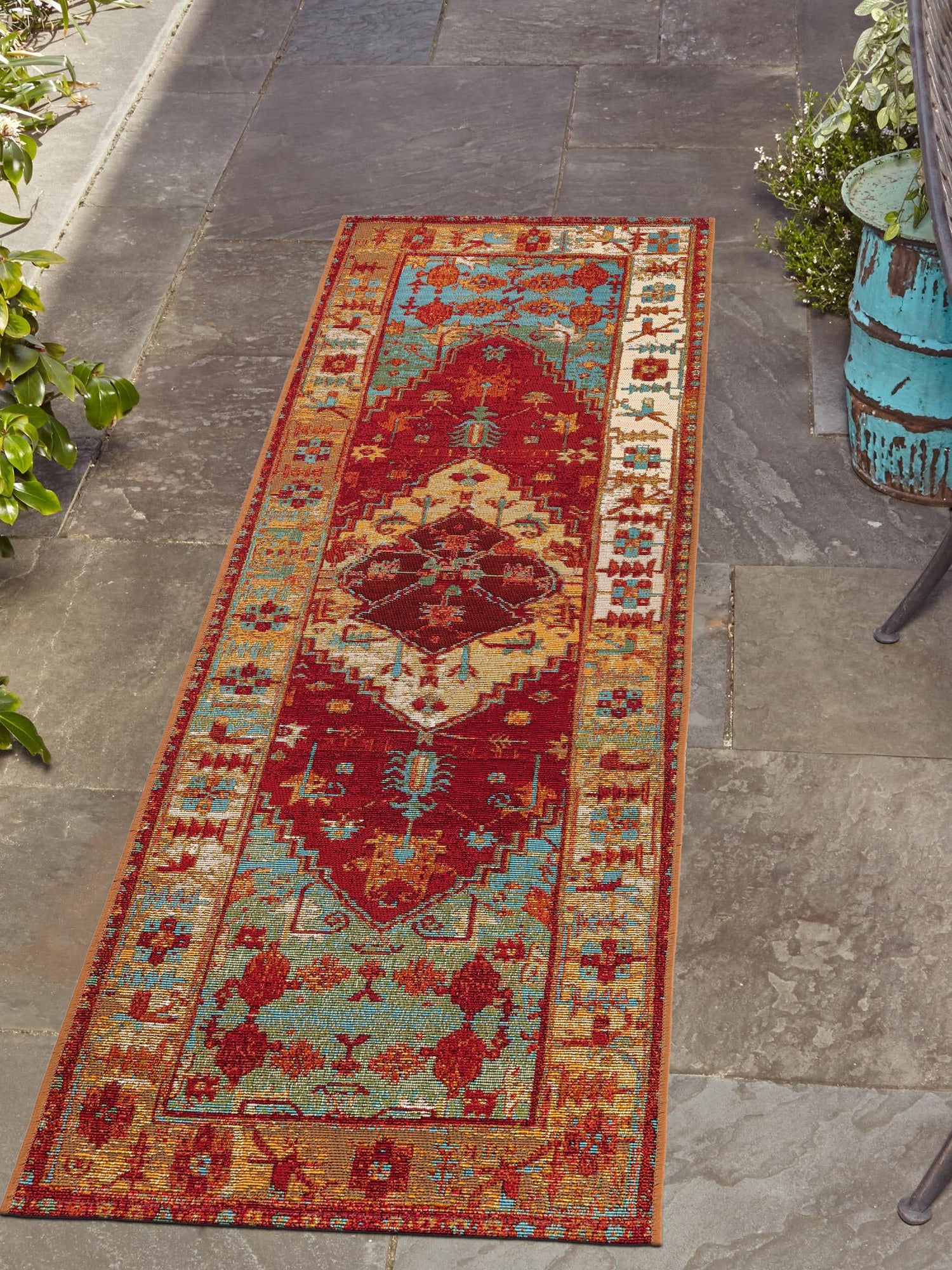 Red Green Blue 2' x 5' 1 Outdoor Traditional Runner Area Rug Weather Resistant for Patio, Deck, Terrace, Balcony, Porch Classical Design Outside Carpet for Sale at Rug Engine