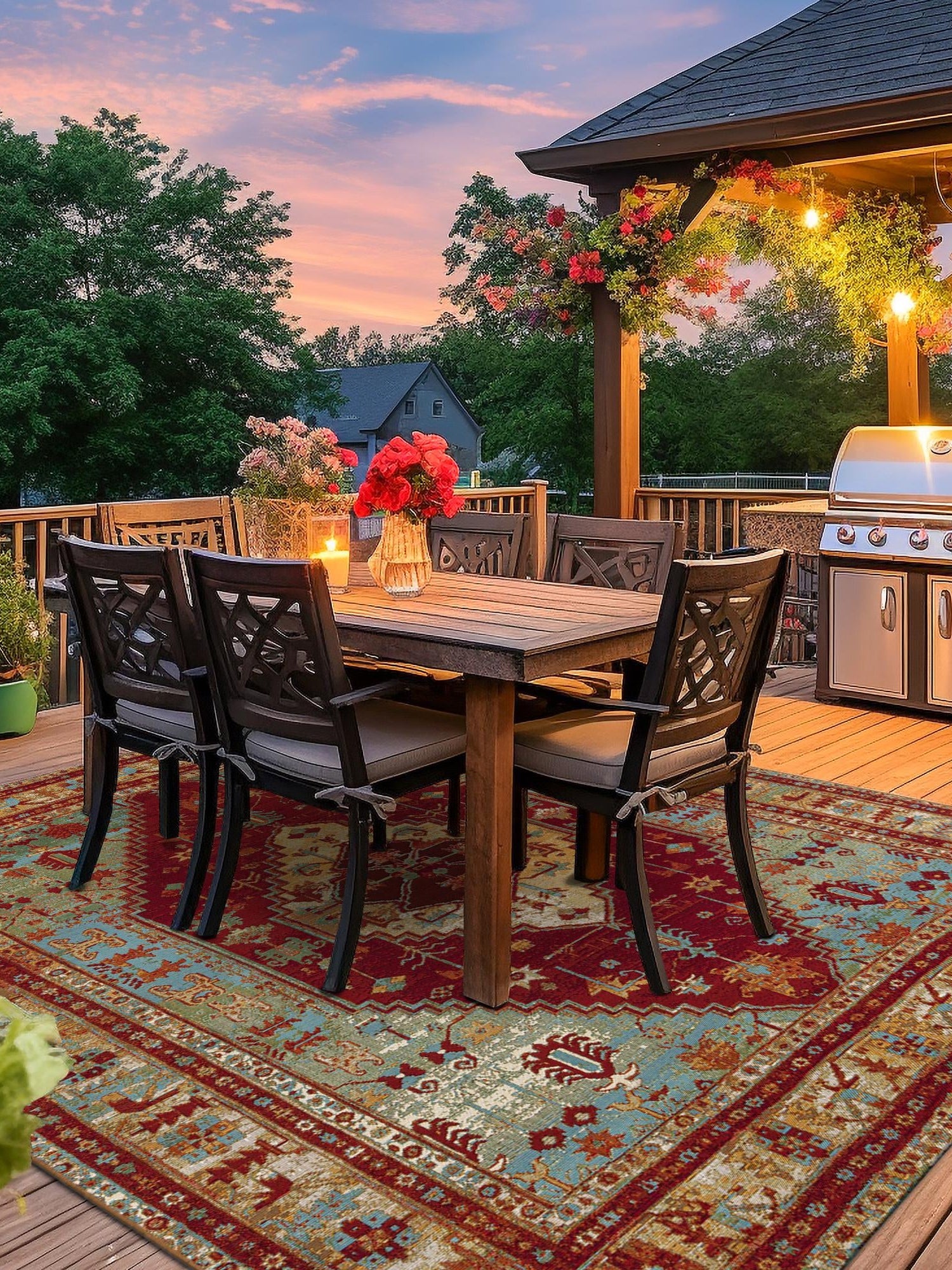 Red Green Blue 10' x 10' Outdoor Traditional Square Area Rug Weather Resistant for Patio, Deck, Terrace, Balcony, Porch Classical Design Outside Carpet for Sale at Rug Engine