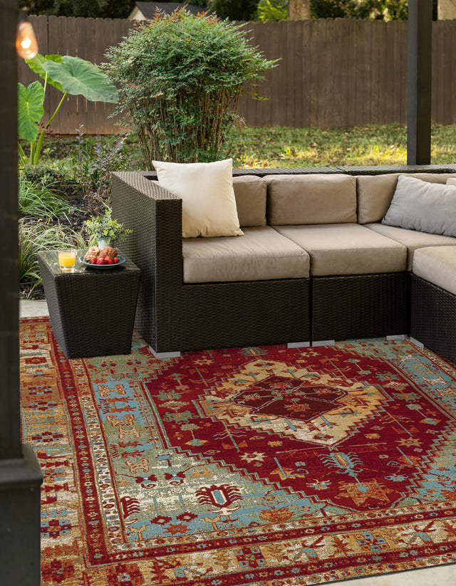 Red Green Blue 10' x 10' Outdoor Traditional Square Area Rug Weather Resistant for Patio, Deck, Terrace, Balcony, Porch Classical Design Outside Carpet for Sale at Rug Engine