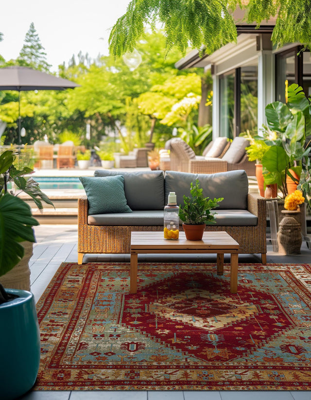 Red Green Blue 10' x 10' Outdoor Traditional Square Area Rug Weather Resistant for Patio, Deck, Terrace, Balcony, Porch Classical Design Outside Carpet for Sale at Rug Engine