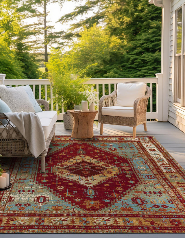 Red Green Blue 7' 10 x 7' 10 Outdoor Traditional Square Area Rug Weather Resistant for Patio, Deck, Terrace, Balcony, Porch Classical Design Outside Carpet for Sale at Rug Engine