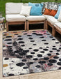 White and Black 4' 1 x 6' 1 Outdoor Modern Rectangle Area Rug Weather Resistant for Patio, Deck, Terrace, Balcony, Porch 100% Polypropylene Modern Outside Carpet for Sale at Rug Engine