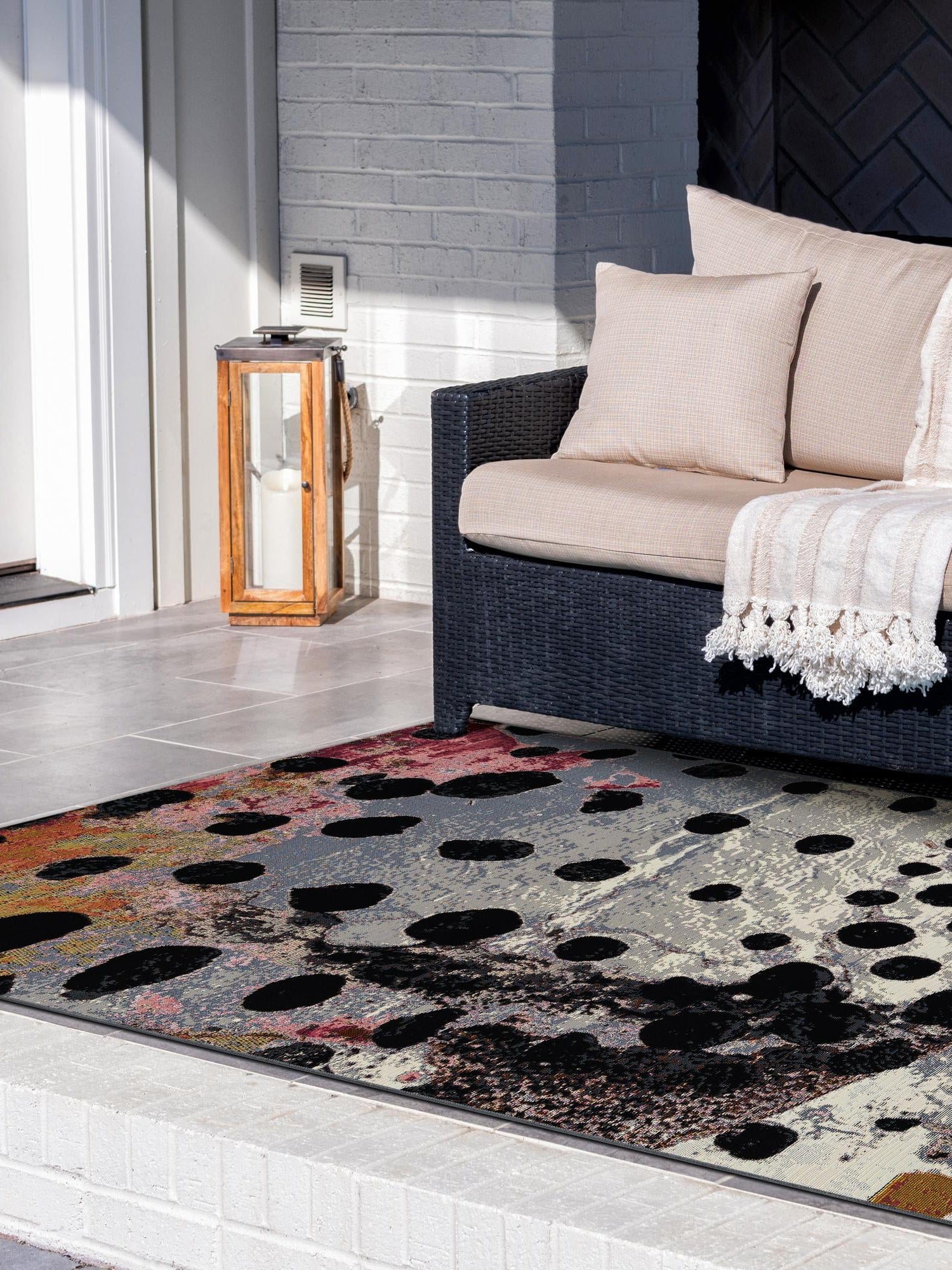 White and Black 6' 1 x 9' Outdoor Modern Rectangle Area Rug Weather Resistant for Patio, Deck, Terrace, Balcony, Porch 100% Polypropylene Modern Outside Carpet for Sale at Rug Engine