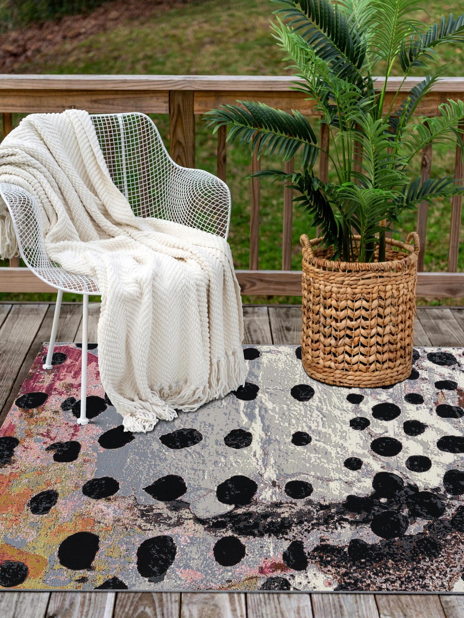 White and Black 6' 1 x 9' Outdoor Modern Rectangle Area Rug Weather Resistant for Patio, Deck, Terrace, Balcony, Porch 100% Polypropylene Modern Outside Carpet for Sale at Rug Engine