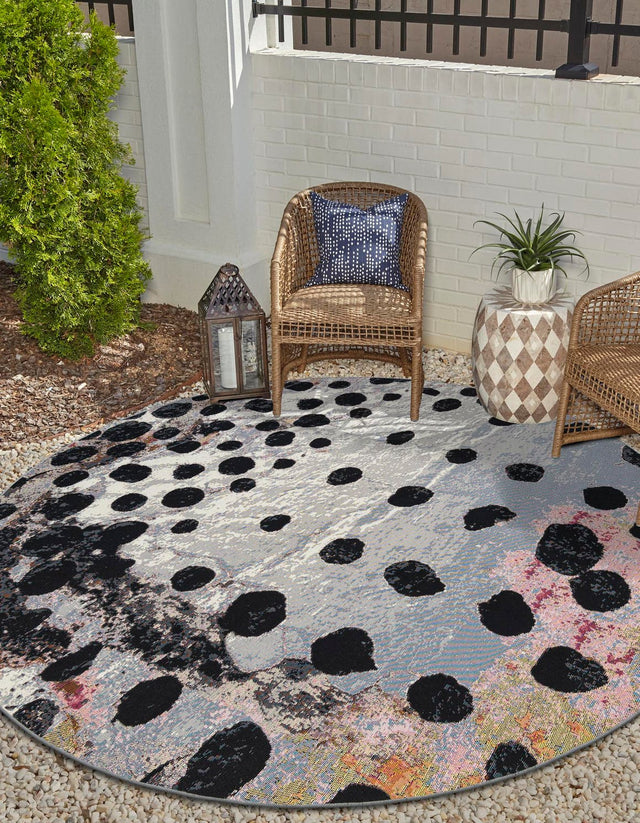 White and Black 6' 1 x 6' 1 Outdoor Modern Round Area Rug Weather Resistant for Patio, Deck, Terrace, Balcony, Porch 100% Polypropylene Modern Outside Carpet for Sale at Rug Engine