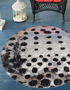 White and Black 7' 10 x 7' 10 Outdoor Modern Round Area Rug Weather Resistant for Patio, Deck, Terrace, Balcony, Porch 100% Polypropylene Modern Outside Carpet for Sale at Rug Engine