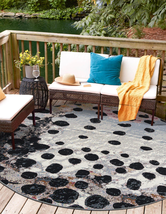 White and Black 6' 1 x 6' 1 Outdoor Modern Round Area Rug Weather Resistant for Patio, Deck, Terrace, Balcony, Porch 100% Polypropylene Modern Outside Carpet for Sale at Rug Engine