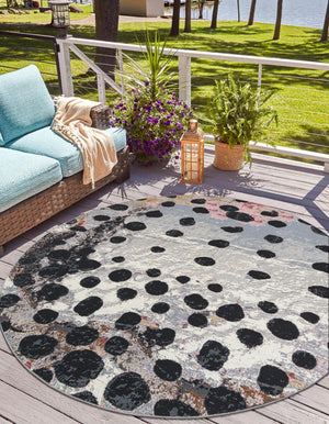 White and Black 4' 1 x 4' 1 Outdoor Modern Round Area Rug Weather Resistant for Patio, Deck, Terrace, Balcony, Porch 100% Polypropylene Modern Outside Carpet for Sale at Rug Engine