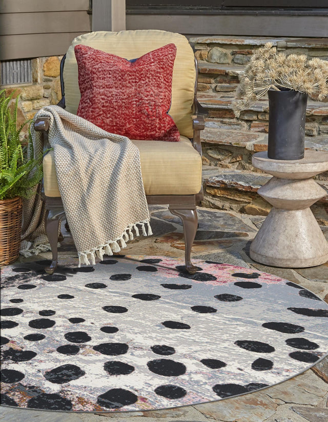 White and Black 4' 1 x 4' 1 Outdoor Modern Round Area Rug Weather Resistant for Patio, Deck, Terrace, Balcony, Porch 100% Polypropylene Modern Outside Carpet for Sale at Rug Engine