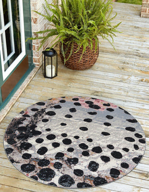 White and Black 6' 1 x 6' 1 Outdoor Modern Round Area Rug Weather Resistant for Patio, Deck, Terrace, Balcony, Porch 100% Polypropylene Modern Outside Carpet for Sale at Rug Engine
