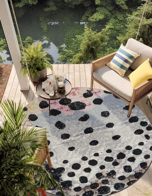 White and Black 4' 1 x 4' 1 Outdoor Modern Round Area Rug Weather Resistant for Patio, Deck, Terrace, Balcony, Porch 100% Polypropylene Modern Outside Carpet for Sale at Rug Engine