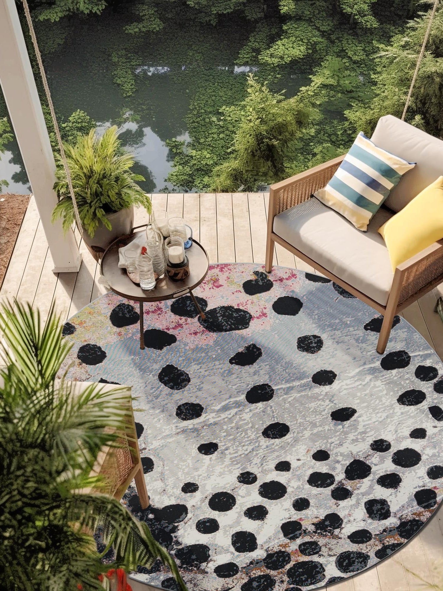White and Black 7' 10 x 7' 10 Outdoor Modern Round Area Rug Weather Resistant for Patio, Deck, Terrace, Balcony, Porch 100% Polypropylene Modern Outside Carpet for Sale at Rug Engine