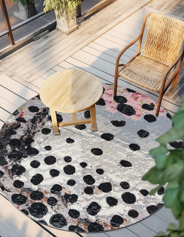 White and Black 3' 1 x 3' 1 Outdoor Modern Round Area Rug Weather Resistant for Patio, Deck, Terrace, Balcony, Porch 100% Polypropylene Modern Outside Carpet for Sale at Rug Engine