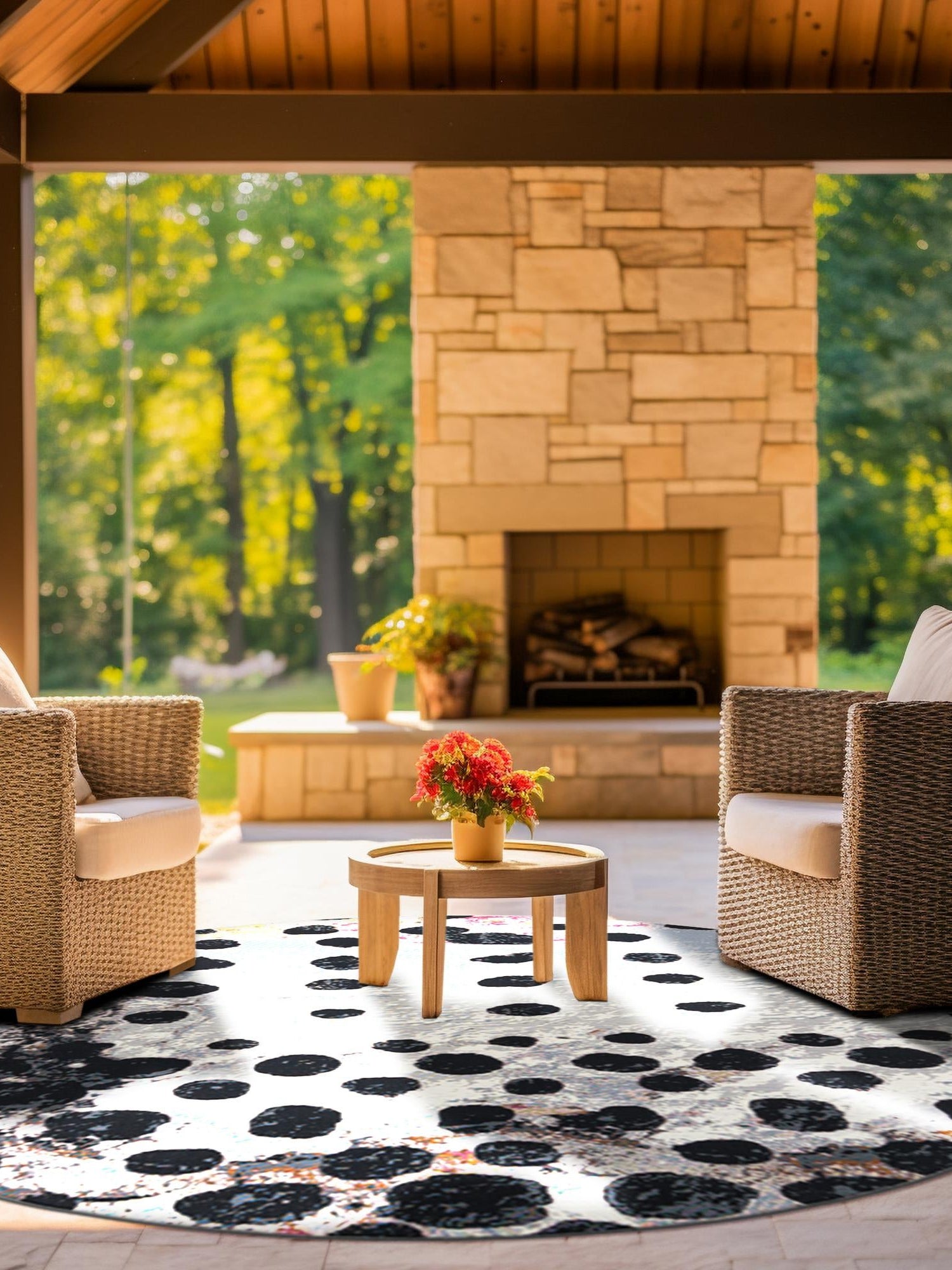 White and Black 10' x 10' Outdoor Modern Round Area Rug Weather Resistant for Patio, Deck, Terrace, Balcony, Porch 100% Polypropylene Modern Outside Carpet for Sale at Rug Engine