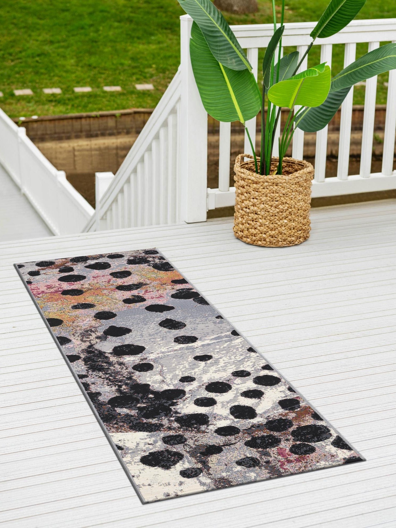 White and Black 2' x 5' 1 Outdoor Modern Runner Area Rug Weather Resistant for Patio, Deck, Terrace, Balcony, Porch 100% Polypropylene Modern Outside Carpet for Sale at Rug Engine