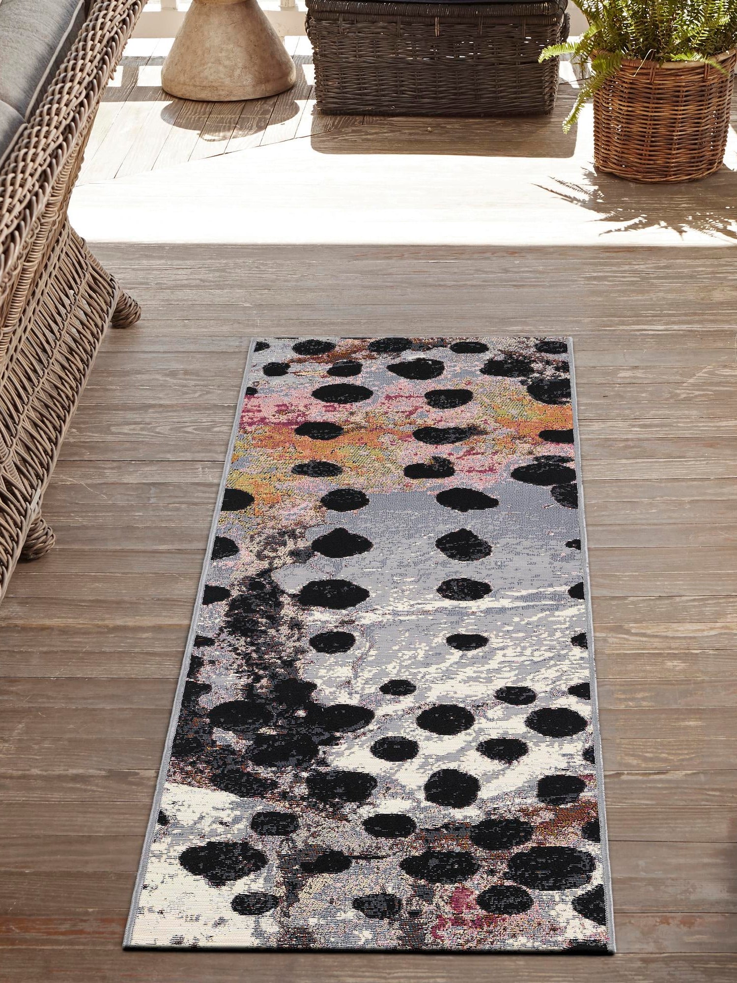 White and Black 2' x 6' 1 Outdoor Modern Runner Area Rug Weather Resistant for Patio, Deck, Terrace, Balcony, Porch 100% Polypropylene Modern Outside Carpet for Sale at Rug Engine