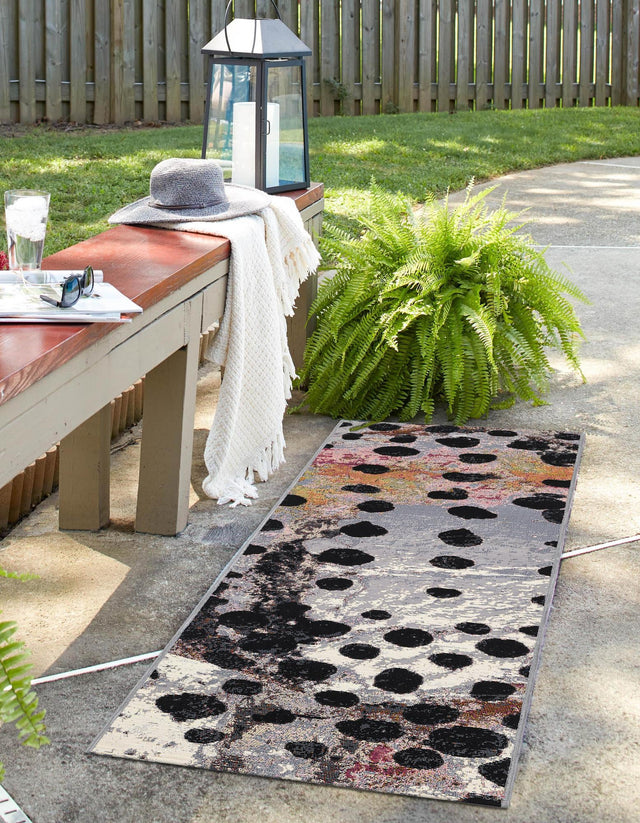 White and Black 2' x 8' Outdoor Modern Runner Area Rug Weather Resistant for Patio, Deck, Terrace, Balcony, Porch 100% Polypropylene Modern Outside Carpet for Sale at Rug Engine