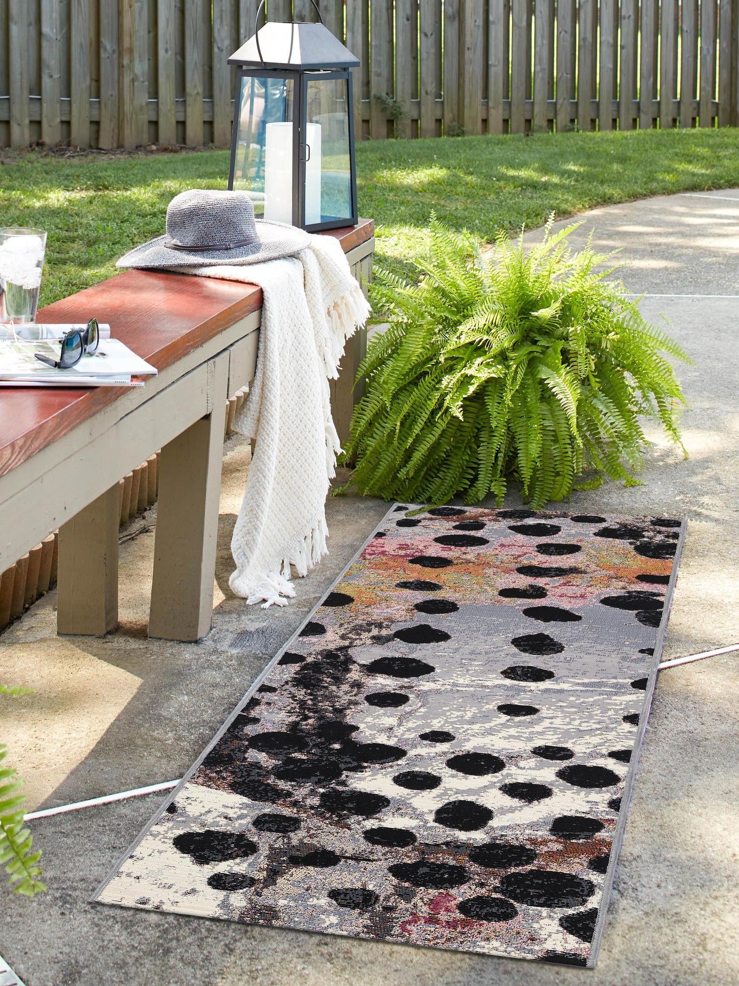 White and Black 2' x 6' 1 Outdoor Modern Runner Area Rug Weather Resistant for Patio, Deck, Terrace, Balcony, Porch 100% Polypropylene Modern Outside Carpet for Sale at Rug Engine