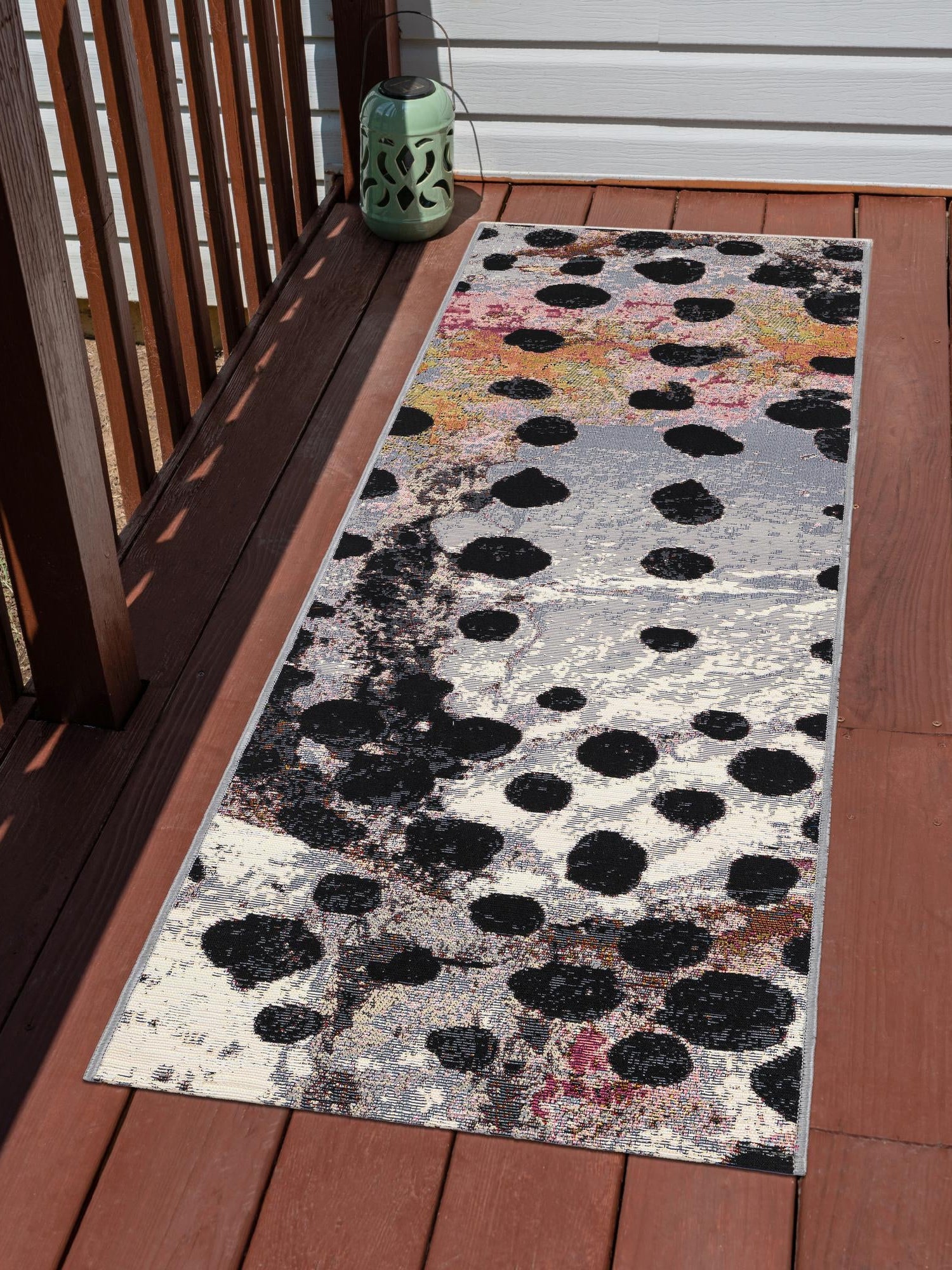 White and Black 2' 7 x 10' Outdoor Modern Runner Area Rug Weather Resistant for Patio, Deck, Terrace, Balcony, Porch 100% Polypropylene Modern Outside Carpet for Sale at Rug Engine