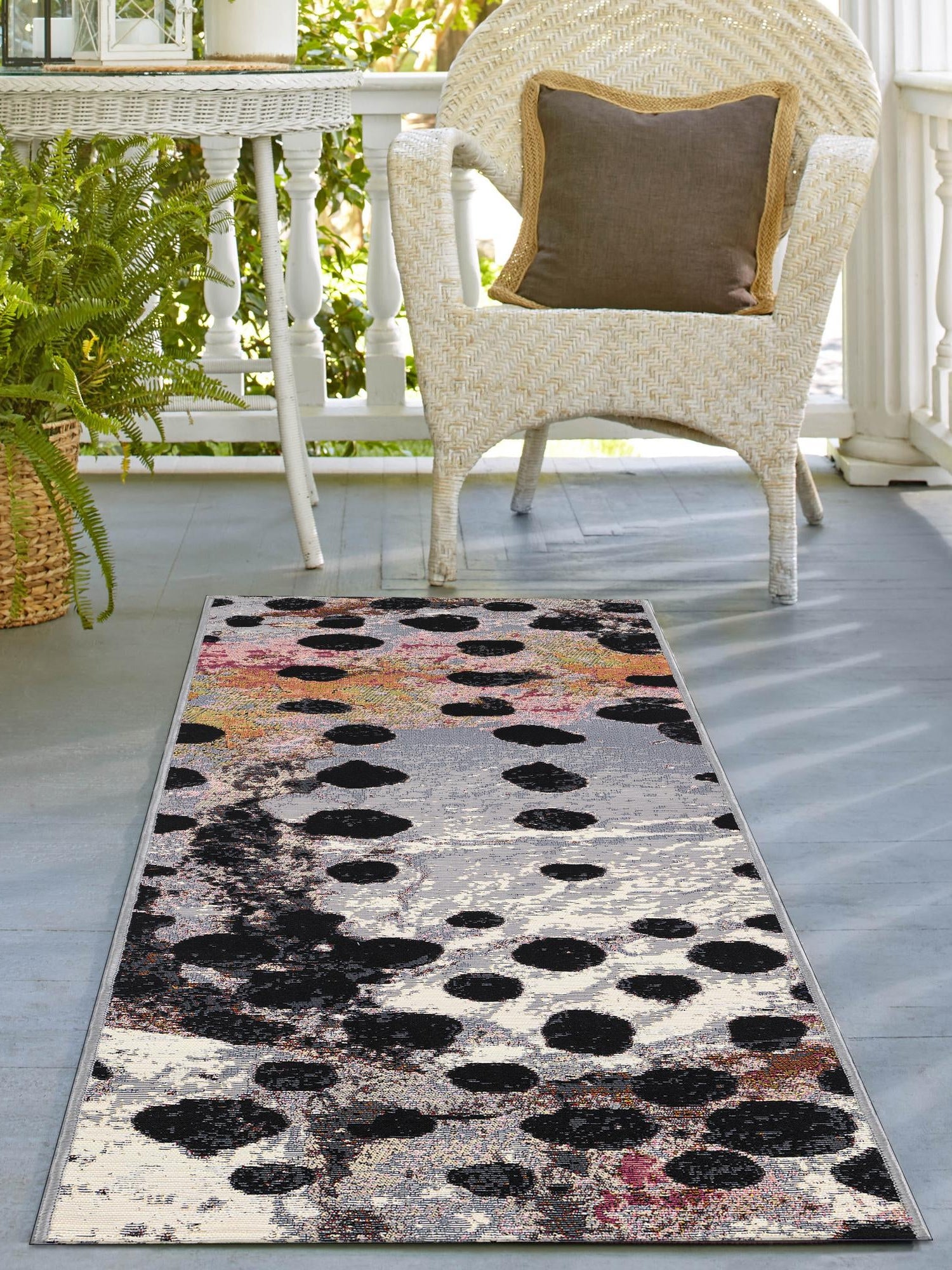White and Black 2' 7 x 12' Outdoor Modern Runner Area Rug Weather Resistant for Patio, Deck, Terrace, Balcony, Porch 100% Polypropylene Modern Outside Carpet for Sale at Rug Engine