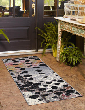 White and Black 2' x 8' Outdoor Modern Runner Area Rug Weather Resistant for Patio, Deck, Terrace, Balcony, Porch 100% Polypropylene Modern Outside Carpet for Sale at Rug Engine