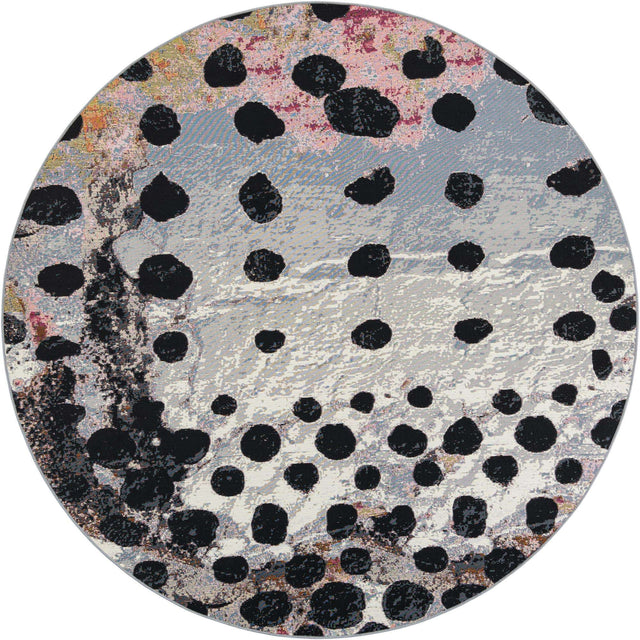 White and Black 7' 10 x 7' 10 Outdoor Modern Round Area Rug Weather Resistant for Patio, Deck, Terrace, Balcony, Porch 100% Polypropylene Modern Outside Carpet for Sale at Rug Engine