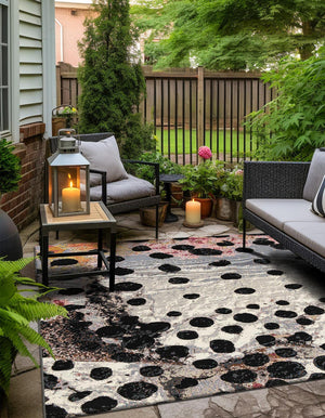 White and Black 7' 10 x 7' 10 Outdoor Modern Square Area Rug Weather Resistant for Patio, Deck, Terrace, Balcony, Porch 100% Polypropylene Modern Outside Carpet for Sale at Rug Engine