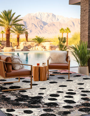 White and Black 7' 10 x 7' 10 Outdoor Modern Square Area Rug Weather Resistant for Patio, Deck, Terrace, Balcony, Porch 100% Polypropylene Modern Outside Carpet for Sale at Rug Engine